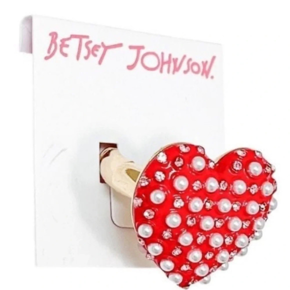 BETSEY JOHNSON Oversized Heart Love with Pearls & Crystals Stretch Ring NEW NWT - Picture 2 of 5